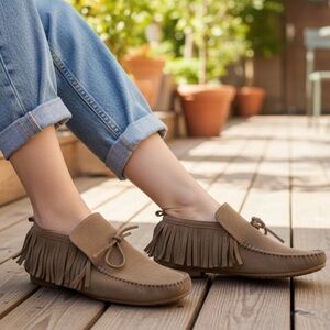 Zara camel brown genuine leather suede fringe moccasin holloween shoes size 39